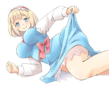 Rule 34 | 1girl, alice margatroid, arnest, blonde hair, blue dress, blue eyes, blush, bow, breasts, closed mouth, clothes lift, dress, dress lift, hairband, large breasts, legs, lolita hairband, long sleeves, looking at viewer, lying, on side, petticoat, red bow, red neckwear, red sash, sash, shirt, short hair, slip showing, smile, thighs, touhou, white background, white shirt