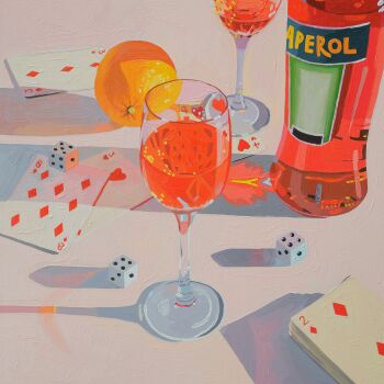 absurdres alcohol bottle card commentary cup dice drinking_glass english_commentary food fruit highres leah_gardner no_humans oil_painting_(medium) orange_(fruit) original painting_(medium) playing_card shadow still_life traditional_media wine_glass