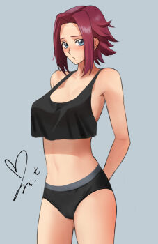 1girl arms_behind_back arms_up black_panties blue_eyes breasts code_geass cowboy_shot crop_top crop_top_overhang grey_background kouzuki_kallen large_breasts panties red_hair short_hair sidelocks signature simple_background solo underwear underwear_only yoo_tenchi