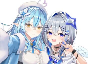 2girls ahoge amane_kanata amane_kanata_(cutesy_punk) angel_wings bare_shoulders black_choker blue_bow blue_coat blue_hair blush bow braid breasts choker cleavage cleavage_cutout closed_mouth clothing_cutout coat colored_inner_hair colored_tips commentary_request elf flower fur_trim gradient_hair grey_hair hair_between_eyes hair_flower hair_ornament hairclip halo hat heart heart_ahoge highres hololive jewelry large_breasts long_hair long_sleeves looking_at_viewer multicolored_hair multiple_girls nail_polish off_shoulder pointy_ears print_shirt ribbon shikkoku_no_hono_mikado shirt short_hair side_braid simple_background smile snowflake_print socks star_halo v very_long_hair virtual_youtuber white_background white_bow white_flower white_hat white_shirt wings x_hair_ornament yellow_eyes yukihana_lamy yukihana_lamy_(1st_costume)