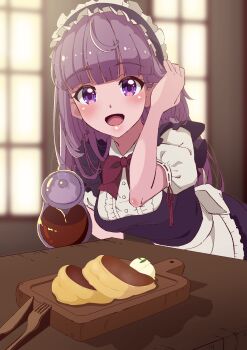 :d absurdres adjusting_hair aikatsu! aikatsu!_(series) alternate_costume apron bad_id bad_pixiv_id black_dress blunt_bangs blurry blurry_background butter_knife coffee coffee_pot commentary_request cutting_board dress enmaided food fork frilled_apron frills highres hikami_sumire holding holding_pot huge_filesize ice_cream indoors kaoryu-kun knife leaning_forward looking_at_viewer maid maid_apron maid_headdress open_mouth pancake pot puffy_short_sleeves puffy_sleeves purple_eyes purple_hair restaurant shadow short_sleeves smile table upper_body waist_apron white_apron window wooden_table