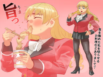 1girl ascot black_pantyhose black_shoes blonde_hair blue_eyes braid breasts commentary_request crown_braid drill_hair eating folding_fan food hand_fan high_heels holding holding_fan instant_cup_noodles jacket large_breasts miniskirt mismatched_eyebrows narisokonai nissin_cup_noodle noodles original pantyhose pleated_skirt red_jacket shoes skirt solo sweatdrop translation_request twin_drills white_ascot