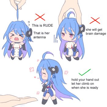 >_< 1girl ahoge azur_lane blue_hair blush_stickers breasts chibi clothing_cutout colored_inner_hair commentary english_commentary english_text heart helena_(azur_lane) how_to_hold_x_(meme) kyl490 medium_breasts meme mini_person minigirl multicolored_hair multiple_views purple_eyes purple_hair solo_focus two-tone_hair underboob_cutout