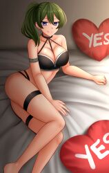 Rule 34 | 1girl, bare arms, bare shoulders, barefoot, bed sheet, between breasts, black choker, breasts, choker, cleavage, collarbone, commentary, feet out of frame, green hair, hair between eyes, heart pin, highres, kazenokaze, large breasts, licking lips, long hair, purple eyes, side ponytail, solo, sousou no frieren, tongue, tongue out, ubel (sousou no frieren), yes, yes-no pillow