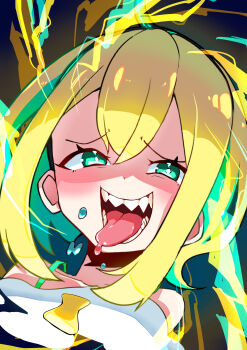 Rule 34 | 1girl, absurdres, amano pikamee, amano pikamee (1st costume), aqua eyes, aqua hair, aqua nails, black hairband, blonde hair, blush, bright pupils, colored inner hair, commentary, commentary request, english commentary, furrowed brow, hairband, highres, lightning, looking at viewer, mukuro669966, multicolored hair, off-shoulder shirt, off shoulder, open mouth, sharp teeth, shirt, short hair, solo, teeth, tongue, tongue out, upper body, virtual youtuber, voms, white pupils