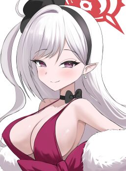 1girl absurdres alternate_breast_size_(larger) bare_shoulders black_bow black_bowtie black_choker black_hairband blue_archive blush bow bowtie breasts choker cleavage closed_mouth collarbone covered_erect_nipples dress dress_bow earrings eyelashes fur_shawl hairband halo highres huge_bow jewelry large_breasts liiigang long_hair mutsuki_(blue_archive) mutsuki_(dress)_(blue_archive) no_bra official_alternate_costume official_alternate_hairstyle one_side_up plunging_neckline pointy_ears purple_eyes red_bow red_dress red_halo shawl sideboob simple_background single_hair_intake sleeveless sleeveless_dress slit_pupils smile solo split_mouth swept_bangs tsurime upper_body white_background white_hair