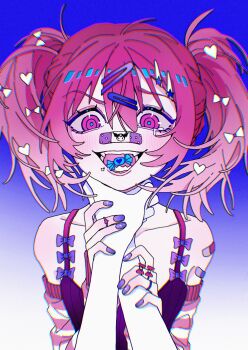 1girl absurdres bandaid bandaid_on_face bandaid_on_nose bare_shoulders black_tank_top blue_pupils bow bow_ring cameo candy chinese_commentary commentary_request crumbs crying crying_with_eyes_open detached_sleeves endoftheworld600 eyelashes fangs food food_in_mouth gradient_background hair_between_eyes hair_bow hair_ornament hairclip hands_on_another&#039;s_wrists heart heart_hair_ornament highres jewelry kuromi light_blush lips long_sleeves looking_at_viewer loose_hair_strand medium_hair multiple_hair_bows multiple_rings nail_art nail_polish nervous_smile onegai_my_melody open_mouth original pale_skin pink_bow pink_eyes pink_hair pink_lips pink_sleeves pov purple_background purple_bow purple_nails ring sanrio sharp_teeth short_twintails simple_background smile solo_focus spaghetti_strap straight-on strangling striped_sleeves tank_top tears teeth twintails two-tone_background two-tone_sleeves white_background white_bow white_sleeves