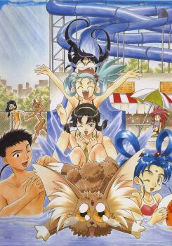 1990s_(style) 1boy 6+girls absurdres alternate_hairstyle bikini black_hair blonde_hair blue_hair cabbit dark-skinned_female dark_skin everyone facial_hair facial_mark forehead_mark freckles green_eyes green_hairband hair_bobbles hair_ornament hairband hakubi_washuu highres kumashiro_sakuya kuramitsu_mihoshi light_blue_hair long_hair makibi_kiyone masaki_aeka_jurai masaki_sasami_jurai masaki_tenchi midriff multiple_girls navel official_art one-piece_swimsuit outdoors parasol pink_eyes ponytail pool poster_(medium) purple_hair red_hair retro_artstyle ryou-ouki ryouko_(tenchi_muyou!) scan scan_artifacts shin_tenchi_muyou! short_hair sidelocks sky slide spiked_hair swimsuit tenchi_muyou! umbrella water water_slide white_bikini