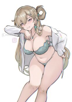 Rule 34 | 1girl, absurdres, asymmetrical bangs, blonde hair, blush, bra, braid, braided bangs, breasts, chascoby, earclip, earrings, green bra, green panties, hair rings, highres, jewelry, large breasts, lingerie, long hair, lynae (wuthering waves), navel, open clothes, open shirt, panties, purple eyes, shirt, simple background, single hair ring, star (symbol), star earrings, stomach, strap slip, underwear, white background, white shirt, wuthering waves