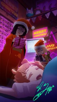 3girls black_hair blonde_hair brown_hair catherine_(yasuda_genshou) christmas commentary_request dark daruma_doll doll doll_joints english_text gift hat highres holding holding_gift indoors japanese_clothes joints kaede_(yasuda_genshou) key kimono merry_christmas multiple_girls neon_lights open_mouth original santa_hat signature sleeping static television yasuda_genshou yoshino_(yasuda_genshou)