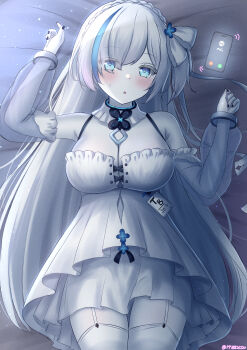 Rule 34 | 1girl, :o, absurdres, aged up, azur lane, black nails, blue eyes, blush, breasts, cellphone, colored skin, commentary request, detached sleeves, dress, four-leaf clover necklace, garter straps, hair over one eye, highres, id card, incoming call, large breasts, long hair, looking at viewer, lying, nail polish, on back, on bed, paashe, pale skin, phone, see-through clothes, see-through sleeves, siren (azur lane), smartphone, solo, sweatdrop, tb (azur lane), tb (type-s) (azur lane), thighhighs, twitter username, very long hair, white dress, white garter straps, white skin, white thighhighs