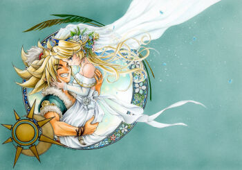 1boy 1girl absurdres art_nouveau blonde_hair blue_eyes bridal_veil bride carrying carrying_person charlotte_(seiken_densetsu_3) closed_eyes commentary_request couple dress flower hair_flower hair_ornament highres hori_wo jewelry kevin_(seiken_densetsu_3) looking_at_another ring seiken_densetsu seiken_densetsu_3 smile tearing_up veil wedding_dress
