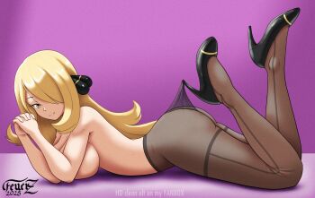 1girl ass blonde_hair breasts closed_mouth cynthia_(pokemon) feuerz full_body grey_eyes hair_over_one_eye high_heels highres interlocked_fingers lace_pantyhose_hooked_on_heel_(meme) large_breasts long_hair lying meme nintendo on_stomach pantyhose pokemon pokemon_dppt purple_background solo topless_female very_long_hair