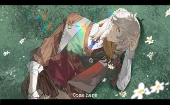 Rule 34 | 1other, absurdres, androgynous, blue necktie, brown hair, brown jacket, collared shirt, colored tips, danzhi lingjia, english text, flower, from above, grass, green vest, hand on own head, highres, jacket, looking at viewer, lying, medicine pocket, medicine pocket (the cosmos photographer), medium hair, multicolored hair, necktie, official alternate costume, on ground, on side, pinstripe jacket, pinstripe pattern, red vest, reverse:1999, shirt, sleeves pushed up, smile, striped clothes, striped jacket, sweater vest, two-tone vest, vertical-striped clothes, vertical-striped jacket, vest, white flower, white shirt, yellow eyes