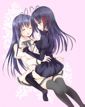 1boy 1girl antenna_hair black_dress black_thighhighs blunt_bangs bow closed_eyes dress frills gatakenjin hair_ornament hairclip juliet_sleeves kokura_asahi long_hair long_sleeves ookura_risona open_mouth otome_riron_to_sono_shuuhen:_ecole_de_paris parted_lips plaid puffy_long_sleeves puffy_sleeves purple_eyes purple_hair school_uniform sitting smile thighhighs trap tsuki_ni_yorisou_otome_no_sahou