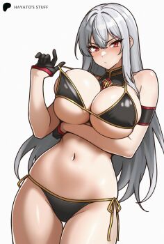 1girl absurdres armband bikini blush breasts cleavage gloves grey_hair hayato_stuff highres large_breasts long_hair looking_at_viewer navel pulling_own_clothes red_eyes sega selvaria_bles senjou_no_valkyria_(series) solo swimsuit underboob