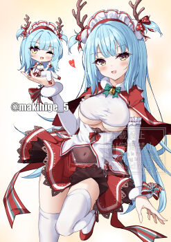 1girl absurdres antlers artist_name azur_lane blue_hair breasts capelet christmas commentary_request covered_navel detached_sleeves fake_antlers heart highres horns large_breasts long_hair makihige neptune_(azur_lane) neptune_(princess_of_the_reindeers)_(azur_lane) official_alternate_costume one_eye_closed red_capelet red_shoes red_skirt reindeer_antlers shoes skirt solo thighhighs two_side_up underboob white_thighhighs yellow_eyes