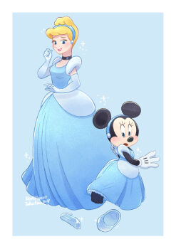 2girls absurdres animal_ears blonde_hair blue_dress blue_eyes choker cinderella_(disney_character) cinderella_(disney_character)_(cosplay) cinderella_(disney_movie) commentary_request company_connection cosplay disney dress earrings elbow_gloves gamorangetana glass_slipper gloves hair_bun hairband highres jewelry long_hair looking_at_viewer mickey_mouse_&amp;_friends minnie_mouse mouse_ears multiple_girls short_hair smile takatmaorange