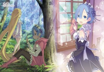 2girls angry ascot blonde_hair blue_eyes blue_hair blush boots breasts capelet cleaning cleaning_rag dress flashback forest hair_over_one_eye long_hair louis_arneb medium_breasts multiple_girls nature official_art open-chest_dress pantyhose pink_boots pink_capelet pout re:zero_kara_hajimeru_isekai_seikatsu rem_(re:zero) room roswaal_mansion_maid_uniform small_breasts tree twig very_long_hair white_dress window