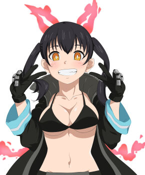 1girl absurdres animal_ears armpits black_bra black_gloves black_hair black_panties bra breasts cat_ears cat_tail cleavage clenched_hands clenched_teeth coat collarbone collared_coat en&#039;en_no_shouboutai eyelashes facing_viewer female_focus fire firefighter gloves hands_up happy highres large_breasts legs light_blush long_sleeves looking_at_viewer midriff navel neck open_clothes open_coat oversized_clothes panties print_coat pyrokinesis rinine shiny_skin sidelocks simple_background slit_pupils smile standing tail tamaki_kotatsu teeth thighs twintails underboob underwear upper_body v white_background wide_sleeves yellow_eyes