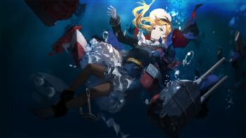 1girl air_bubble azur_lane blonde_hair blue_eyes blush breasts bubble dress gloves hat hood_(azur_lane) jewelry long_hair official_art pantyhose sinking solo swd3e2 third-party_source underwater union_jack water white_gloves