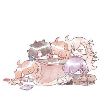2boys 3girls ahoge ascot black-framed_eyewear black_hair black_pants blanket blonde_hair blush box braid bright_pupils brown_ascot brown_eyes chibi chibi_only closed_eyes closed_mouth collared_shirt commentary_request crossed_bangs fate/grand_order fate_(series) food fruit fujimaru_ritsuka_(female) fujimaru_ritsuka_(male) full_body gem glasses grey_hoodie hair_ornament hair_over_one_eye hand_on_own_face hand_up high_ponytail holding holding_box hood hoodie jacket jewelry long_hair long_sleeves looking_at_another looking_at_food looking_at_object lying mandarin_orange mash_kyrielight multiple_boys multiple_girls new_year olga_marie_animusphere on_stomach open_mouth orange_hair orange_jacket pants pendant ponytail puffy_long_sleeves puffy_sleeves purple_eyes purple_hair red_gemstone romani_archaman seiza semi-rimless_eyewear shigure_(ffrh7824) shirt short_hair side_ponytail simple_background single_braid sitting sleeping smile table very_long_hair watermark wavy_hair white_background white_pupils white_shirt wide_sleeves
