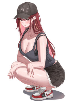 1girl absurdres akane_lize bare_arms bare_shoulders black_eyes black_hat black_shirt black_shorts blush breasts closed_mouth collarbone commentary cross cross_earrings earrings full_body hat highres jewelry katrinabluuuuu large_breasts long_hair looking_at_viewer nike_(company) red_hair red_pupils shirt shoes short_shorts shorts simple_background sneakers solo squatting stellive thighs virtual_youtuber white_background