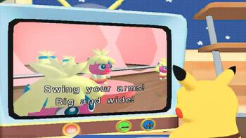 3d animated animated_gif antennae blonde_hair colored_skin exercising game_screenshot gen_1_pokemon gen_2_pokemon green_eyes headband lips lowres mirror nintendo no_humans pikachu pokemon pokemon_(creature) purple_skin red_lips room smoochum stage subtitle tail television