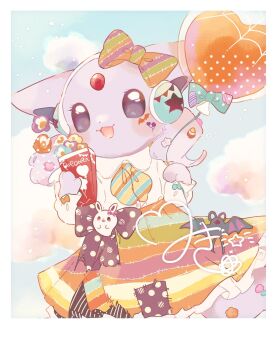 1girl :3 :d animal_ears animal_hands balloon blue_sky border bow candy cat_ears chibikemo espeon facial_tattoo food forehead_jewel furry furry_female gem gen_1_pokemon gen_2_pokemon headphones heart_balloon highres holding holding_balloon looking_at_viewer mkt_(buizu-miki) nintendo open_mouth patchwork_clothes pokemon pokemon_(creature) popcorn purple_bow purple_eyes purple_fur purple_hair red_gemstone shirt skirt sky smile solo standing striped_bow striped_clothes striped_skirt tattoo white_border white_shirt zubat