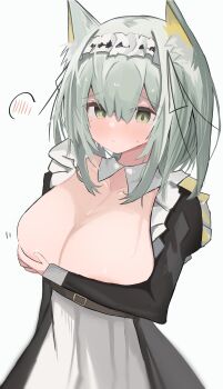 1girl absurdres animal_ear_fluff animal_ears arknights black_dress breasts cat_ears censored commentary_request dress green_eyes green_hair highres kal'tsit_(arknights) large_breasts long_hair looking_at_viewer maid maid_headdress nui_(nuinui0300) simple_background variant_set white_background