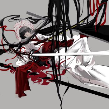 1girl black_hair bridal_veil closed_mouth commentary grey_background highres holding holding_sword holding_weapon hood japanese_clothes katana kimono limbus_company long_hair long_sleeves lying obi on_back project_moon red_eyes red_sash ryoshu_(project_moon) sash see-through_clothes shiromuku simple_background solo string sword symbol-only_commentary uchikake veil wataboushi weapon white_kimono wide_sleeves zikzikzik