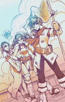 1boy 2girls aika_(eternal_arcadia) belt boomerang boots braid breasts cupil eternal_arcadia eyepatch fina_(eternal_arcadia) flag hairband highres knee_boots knee_pads long_skirt md5_mismatch medium_breasts monochrome multiple_girls robaato side_slit sketch skirt twin_braids vyse