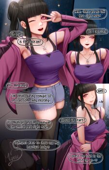 1girl ;d ;p absurdres artist_logo black_bag black_hair black_sports_bra black_thighhighs blunt_bangs breasts cleavage coat collarbone commentary denim denim_shorts english_commentary english_text full_body heart highres jewelry large_breasts logo long_sidelocks looking_to_the_side luna_(myeu) midriff multiple_views myeu necklace night one_eye_closed open_mouth original outdoors pink_coat pink_eyes public_indecency purple_tank_top removing_coat shoes shorts side_ponytail sidelocks signature smile sneakers spaghetti_strap sparkle sports_bra star-shaped_pupils star_(symbol) star_necklace symbol-shaped_pupils tank_top thighhighs thighs tongue tongue_out undressing upper_body v