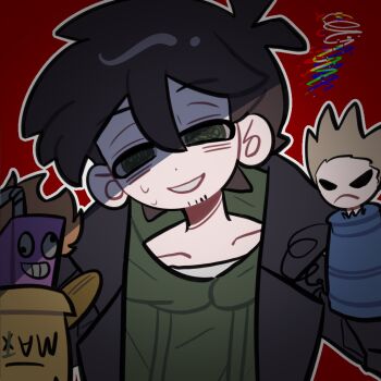 1boy animification antenna_hair black_coat brown_hair character_doll chinese_commentary coat commentary_request crazy doll drawstring edd_(eddsworld) eddsworld facial_hair future_edd_(eddsworld) glitch green_eyes green_hoodie hair_behind_ear hand_puppet highres hood hood_down hoodie immuir long_sleeves male_focus matt_(eddsworld) open_clothes open_coat outline puppet red_background scene_reference shaded_face shirt short_hair simple_background smile solo thick_lineart tom_(eddsworld) upper_body white_outline white_shirt