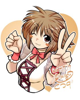 1girl arm_guards blush_stickers breasts brown_hair enomoto_aya hair_ribbon highres leotard one_eye_closed ribbon sakasa_gurasan short_hair small_breasts smile solo teeth upper_teeth_only v wrestle_angels wrestle_angels_survivor wrestle_angels_survivor_2 wrestler wrestling_outfit yellow_eyes