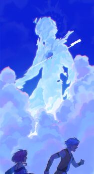 1boy 1girl blue_hair blue_theme bra_strap character_request cloud cloudy_sky cowboy_shot cyrene_(aedes_elysiae)_(honkai:_star_rail) cyrene_(honkai:_star_rail) day dress highres hole_in_chest hole_on_body honkai:_star_rail honkai_(series) idutudu impaled open_mouth outdoors phainon_(honkai:_star_rail) pink_hair running shaped_cloud shirt short_hair sky sky_focus train vest white_shirt yellow_vest