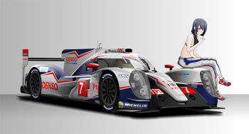 1girl absurdres alternate_costume black_hair blush bra car chalk genshin_impact grey_pants hair_behind_ear highres holding holding_chalk kujou_sara le_mans_prototype light_smile looking_at_viewer michelin michelin_man midriff motor_vehicle navel on_car pants race_vehicle racecar red_shoes rlayuta shoes short_hair sitting sneakers solo spoiler_(automobile) sponsor toyota toyota_ts040 underwear vehicle_focus white_bra world_endurance_championship