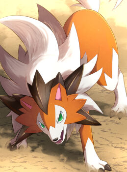 claws commentary_request day fangs gen_7_pokemon green_eyes highres lycanroc lycanroc_(dusk) nintendo no_humans open_mouth outdoors pokemon pokemon_(creature) pokemon_focus rumine_(yoshi1234567) solo standing