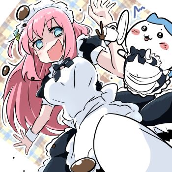 1girl :3 :d alternate_costume blue_eyes blush bocchi_the_rock! breasts chibikemo chiikawa commentary_request cowboy_shot crossover enmaided gotoh_hitori hachiware_(chiikawa) highres large_breasts long_hair maid maid_headdress navyblue_konjac one_side_up open_mouth pink_hair plaid_background puffy_short_sleeves puffy_sleeves shaded_face short_sleeves sidelocks smile spilling