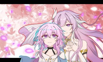 2girls bare_shoulders breasts chinese_commentary color_connection commentary_request company_connection corset diamond-shaped_pupils diamond_(shape) elysia_(herrscher_of_human:_ego)_(honkai_impact) elysia_(honkai_impact) falling_petals hair_color_connection highres honkai:_star_rail honkai_(series) honkai_impact_3rd in-franchise_crossover letterboxed long_hair march_7th_(honkai:_star_rail) march_7th_(preservation)_(honkai:_star_rail) multicolored_eyes multicolored_hair multiple_girls petals pink_hair purple_eyes shirt short_hair smile symbol-shaped_pupils touxiangshibenrenbiewenle triquetra two-tone_eyes two-tone_hair veil very_long_hair white_corset white_hair white_shirt white_veil