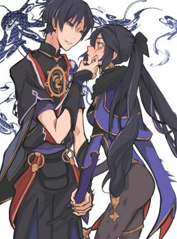 1boy 1girl arm_at_side armor artwolfaja black_bodysuit black_bow black_eyes black_gloves black_hair black_kimono black_pantyhose black_shorts black_sleeves blunt_ends blush bodystocking bodysuit bow cape capelet cheek_squash detached_sleeves earrings elbow_gloves evil_smile eyelashes eyeliner eyeshadow fur-trimmed_capelet fur-trimmed_collar fur_collar fur_trim furisode genshin_impact gloves gold gold_trim grabbing_another's_face grey_hair hair_bow han'eri hand_up hands_on_another's_cheeks hands_on_another's_face head_grab highleg highleg_leotard highres holding_another's_wrist japanese_armor japanese_clothes jewelry kimono kote kurokote layered_kimono layered_shorts layered_sleeves leotard long_hair looking_at_another makeup mandarin_collar mitsudomoe_(shape) mona_(genshin_impact) multicolored_hair neck_ring o-ring open_clothes open_kimono pantyhose parted_lips partially_shaded_face ponytail_holder pulling purple_cape purple_capelet purple_hair purple_leotard purple_shorts purple_sleeves red_cape red_eyeliner red_eyeshadow red_kimono red_sash sash scaramouche_(genshin_impact) short_sleeves shorts sidelocks smile star_(symbol) star_earrings streaked_hair thighlet tomoe_(symbol) turtleneck turtleneck_bodysuit twintails two-sided_cape two-sided_fabric white_background white_mouth wide-eyed