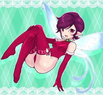 1girl bell blue_wings blush breasts christmas crossed_legs demon_(megami_tensei) elbow_gloves fairy fairy_wings fur-trimmed_collar fur-trimmed_gloves fur-trimmed_leotard fur_trim gloves holly leotard looking_at_viewer mini_person minigirl nollety open_mouth patterned_background pixie_(megami_tensei) pointy_ears purple_hair red_eyes red_footwear red_gloves red_leotard red_thighhighs ribbon-trimmed_thighhighs ribbon_trim shin_megami_tensei short_hair smile solo thighhighs wings