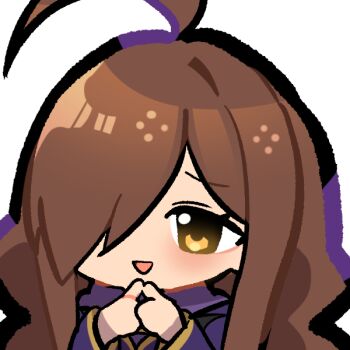 Rule 34 | 1girl, ahoge, blush, brown eyes, brown hair, chibi, cloak, commission, commissioner upload, emoji, gliesse82 5, hair over one eye, index fingers together, kono subarashii sekai ni shukufuku wo!, open mouth, purple cloak, purple robe, robe, solo, wiz (konosuba)