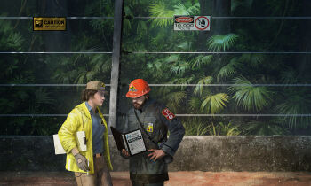 1boy 1girl baseball_cap beard belt binder blue_shirt brown_gloves brown_pants clipboard coat collared_shirt concrete cowboy_shot dinosaur edouard_groult english_text facial_hair fern gloves goatee hand_on_own_hip hard_hat hat helmet highres holding holding_pen jungle jurassic_park looking_at_another name_tag nature pants pen raincoat shirt tree walkie-talkie yellow_coat