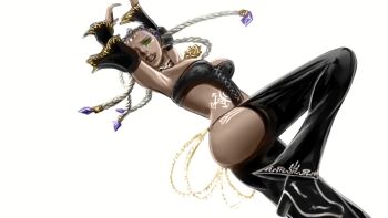 1girl abkc94 ass bodypaint breasts curvy dark-skinned_female dark_skin dolores_(kof) dress female_focus green_eyes huge_breasts jewelry large_breasts long_hair multicolored_hair purple_hair the_king_of_fighters thick_thighs thighs two-tone_hair white_hair