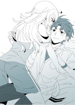 1boy 1girl bare_shoulders blush chuo_tanegashima_high_school_uniform commentary_request couple girl_on_top greyscale hair_down hetero ikuhashi_muiko koujiro_frau long_hair looking_at_another loungewear messy_hair monochrome robotics;notes school_uniform science_adventure shorts simple_background smile straddling strap_pull striped_clothes striped_shorts tank_top undressing_another white_background yashio_kaito