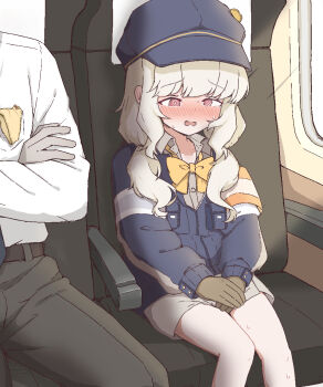 1boy 1girl @_@ aoba_(blue_archive) armband black_hat black_jacket blue_archive blush bow bowtie brown_gloves brown_shirt brown_skirt gloves hat jacket long_hair long_sleeves niss_oekaki open_mouth panties red_eyes shirt sitting skirt solo_focus sweat underwear unworn_panties white_shirt yellow_armband yellow_bow yellow_bowtie yellow_panties