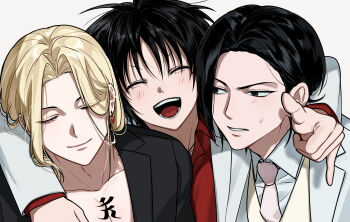 Rule 34 | 1day dagdak, 3boys, :d, adam's apple, arm around shoulder, asymmetrical bangs, black eyes, black hair, black jacket, blonde hair, blush, chest tattoo, closed eyes, collarbone, collared shirt, commentary, curtained hair, earrings, everyday host, facing viewer, furrowed brow, gem, grin, group picture, hair behind ear, highres, jacket, jewelry, kouichi (everyday host), lapels, long bangs, long sleeves, looking at another, louis (everyday host), male focus, medium hair, multiple boys, necktie, notched lapels, official alternate hair color, official alternate hair length, official alternate hairstyle, open clothes, open jacket, open mouth, pale skin, parted bangs, parted hair, parted lips, portrait, red gemstone, red shirt, shaka sign, shin (everyday host), shirt, short hair, sideways glance, simple background, small sweatdrop, smile, tattoo, v-shaped eyebrows, vest, waistcoat, white background, white jacket, white necktie, white shirt, white vest, wispy bangs