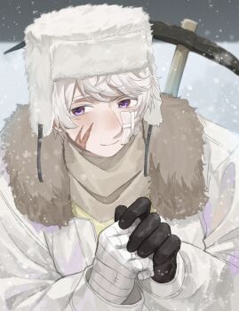 1boy axis_powers_hetalia bandage_on_face bandaged_head bandages black_gloves blush clenched_hands closed_mouth commentary_request explosive fur-trimmed_headwear fur-trimmed_jacket fur_trim gloves grey_hair grey_scarf grey_sky hair_between_eyes hands_up harutoro_39487 hat highres holding jacket long_sleeves looking_at_another looking_at_viewer male_focus mine_(weapon) night open_clothes open_jacket outdoors puffy_long_sleeves puffy_sleeves purple_eyes russia_(hetalia) scar scar_on_face scarf shirt short_hair single_glove sky smile snow snowing solo upper_body ushanka white_hat white_jacket winter yellow_shirt