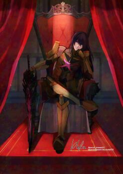 1boy armor artist_name black_hair blue_eyes bluesky_username closed_mouth commentary_request crossed_legs curtains gold_armor highres holding holding_sword holding_weapon long_hair looking_at_viewer male_focus n_(xenoblade) perorin_shaaaan signature sitting sitting_on_throne solo sword twitter_username watermark weapon xenoblade_chronicles_(series) xenoblade_chronicles_3
